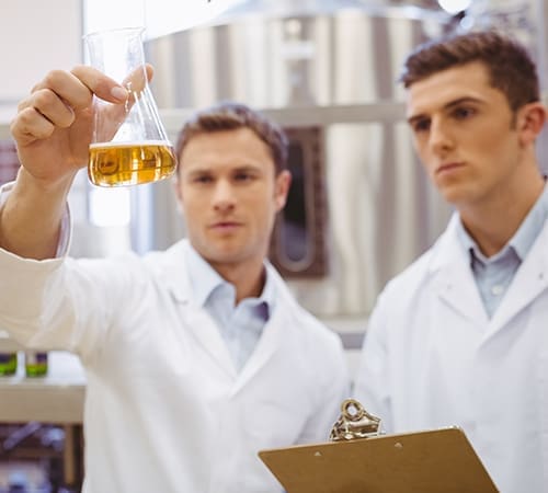 Scientists looking at an Erlenmeyer
